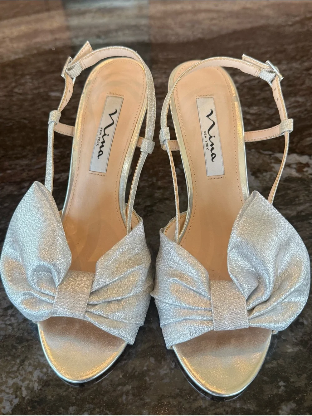 Nina Silver Bow Open-Toe Slingback Heels
